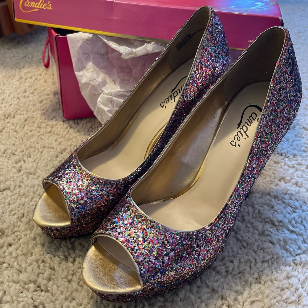 Candie’s Multicolored Glitter Peep Toe Pumps